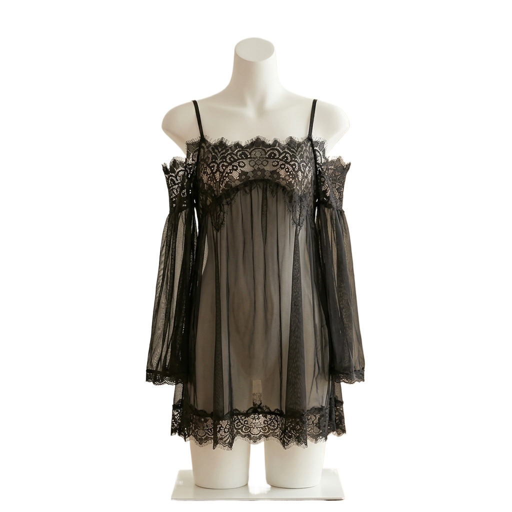 Babydoll Chemise Night - Women's Black Eyelash Lace Babydoll Lingerie,